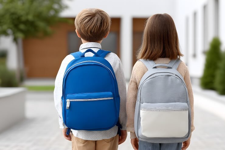 bambini con zaino scuola di spalle 
