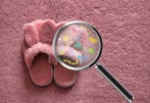 pantofole rosa e lente d'ingrandimento che individua germi