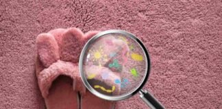 Controlla subito sotto le pantofole, ecco perché i pavimenti sono sempre sporchi: è disgustoso pantofole rosa e lente d'ingrandimento che individua germi