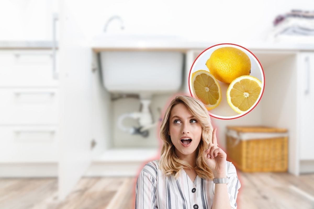 donna con idea, limone e lavello della cucina con mobile aperto
