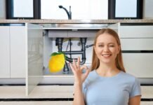 limone sotto il lavello della cucina e donna che fa ok