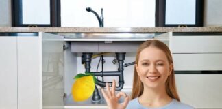 limone sotto il lavello della cucina e donna che fa ok