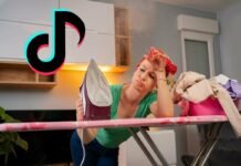 logo di tiktok e donna che odia stirare
