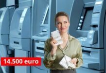 atm, donna con euro, scritta 14.500 euro