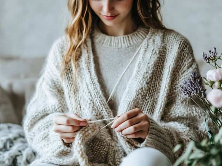 donna che seduta che indossa un maglione pesante