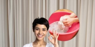 tende ingiallita, tenda messa a lavare e donna che fa ok