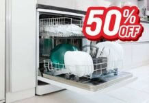 lavastoviglie carica e icona del 50% di sconto