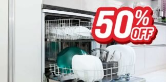 lavastoviglie carica e icona del 50% di sconto
