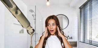 bagno, donna stupita e pipetta con una goccia di olio