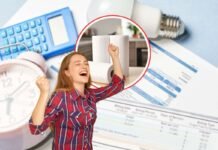 bollette, donna che esulta e rotoloni di carta da cucina