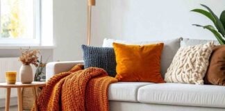 divano con cuscini e coperta arancione