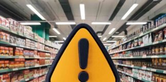 scaffali supermercato e segnale pericolo