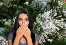 donna spaventata e albero di natale innevato