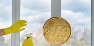 moneta da 50 centesimi e spray per pulizia vetri