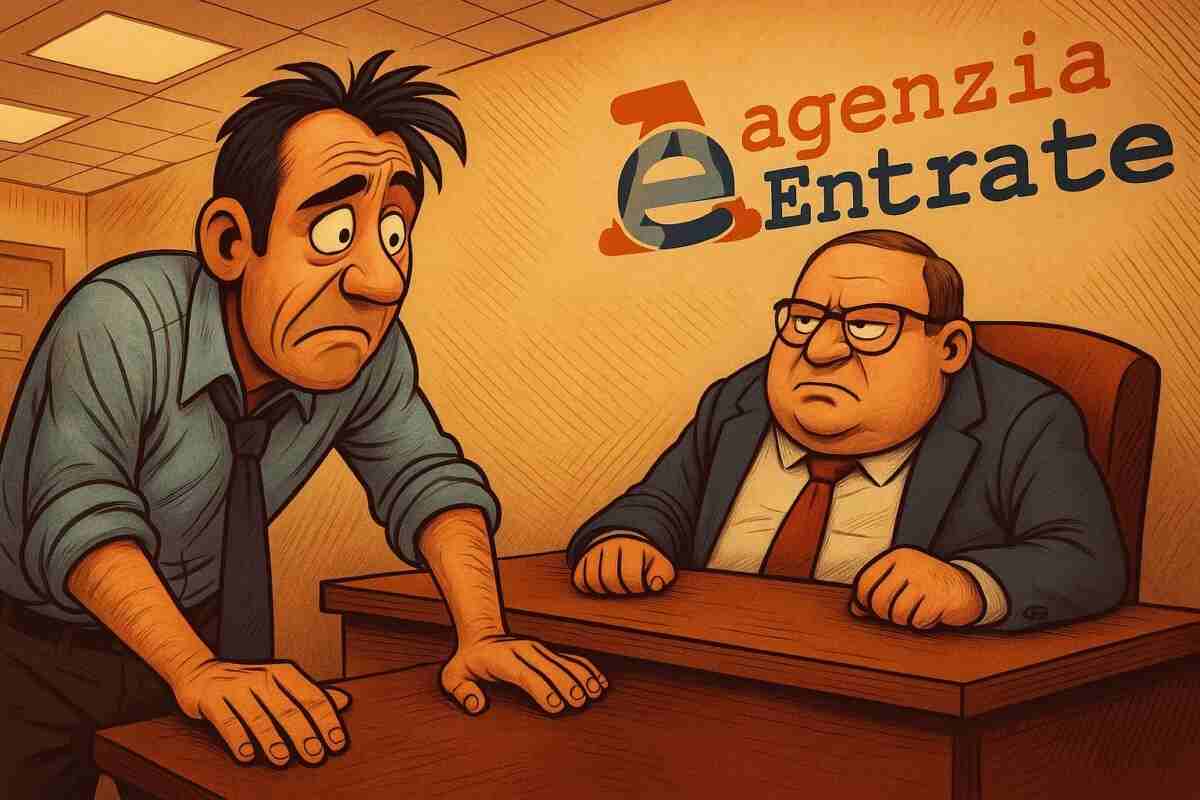 L'Agenzia delle Entrate in una caricatura con un esponente membro e un cittadino